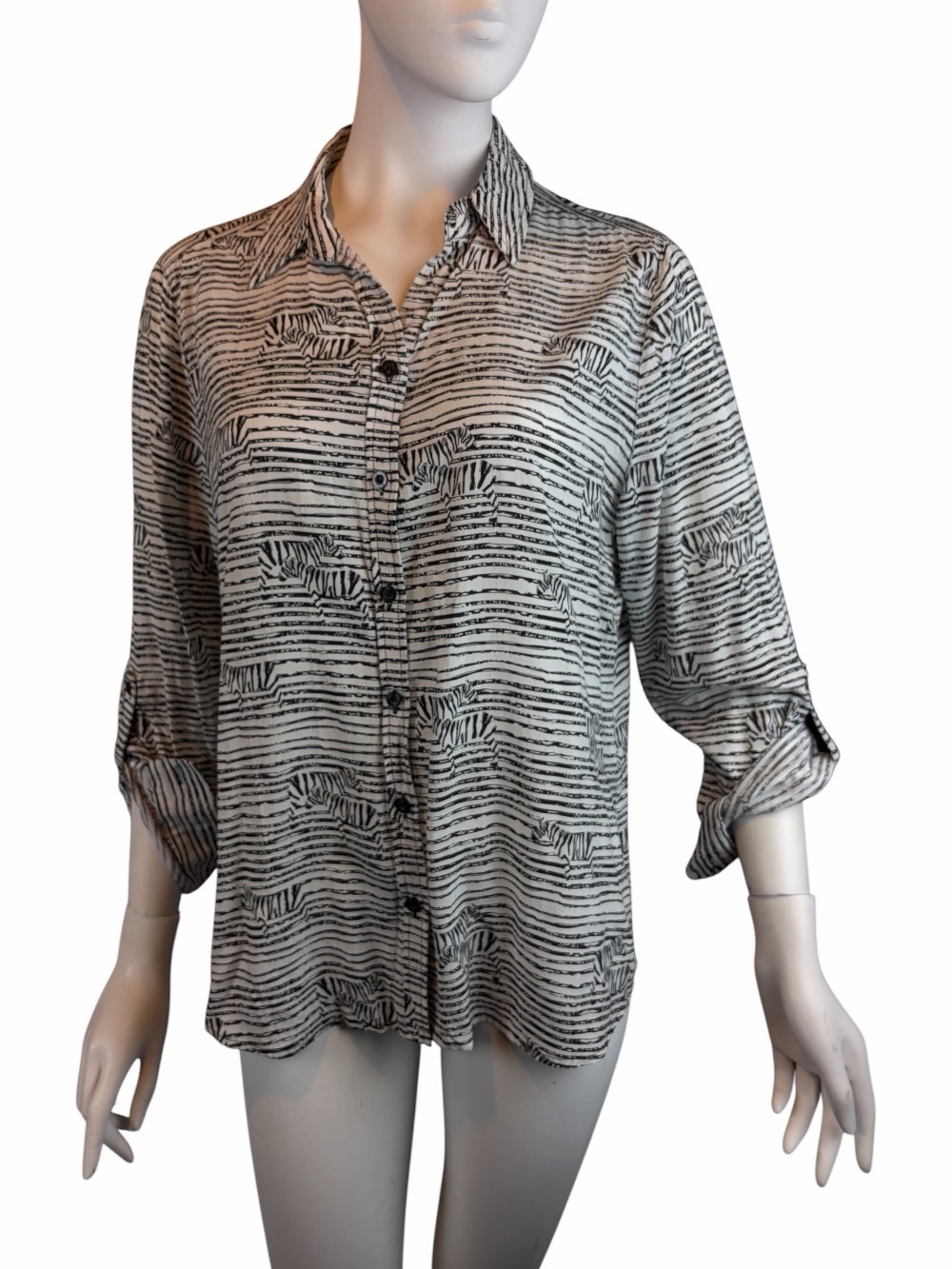Chico's Blouse Black White Striped Zebra Print Tabbed Sleeves Sz 1 US 8 Women's
